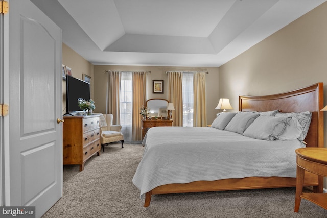 bedroom featuring a tray ceiling and light carpet