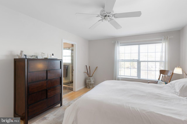 bedroom with ensuite bath, multiple windows, light wood-type flooring, and ceiling fan