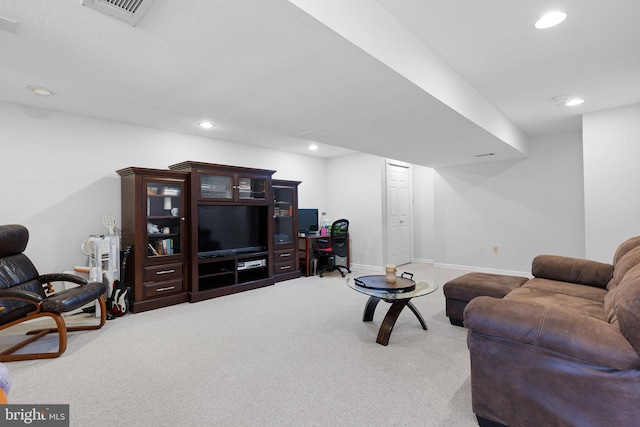 carpeted living room with recessed lighting, visible vents, and baseboards