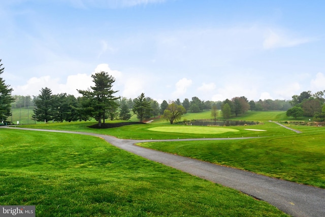 view of community with a yard and golf course view