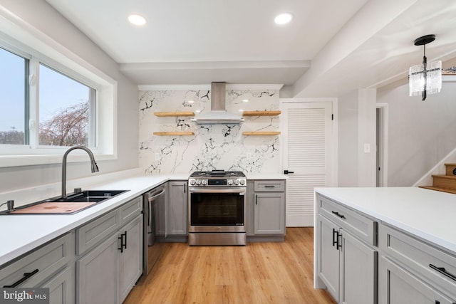 kitchen with gray cabinetry, open shelves, a sink, appliances with stainless steel finishes, and wall chimney exhaust hood