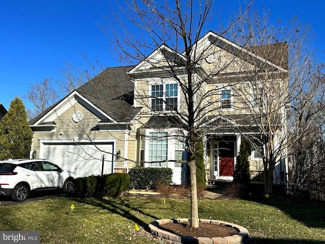 view of front of property featuring a front yard and a garage