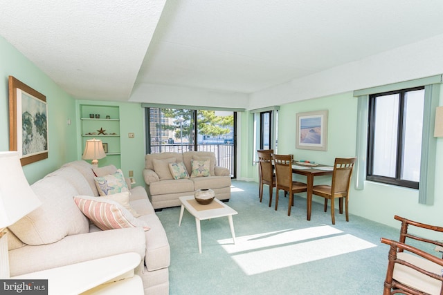 living area with carpet flooring, built in shelves, and a textured ceiling