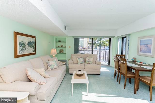 living room with built in shelves and carpet