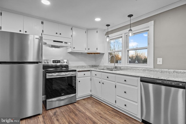 kitchen with under cabinet range hood, a sink, dark wood-style floors, white cabinetry, and appliances with stainless steel finishes