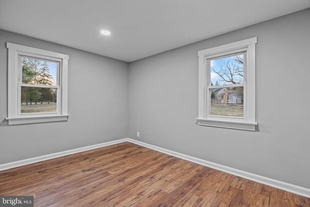 spare room featuring a wealth of natural light, baseboards, and wood finished floors