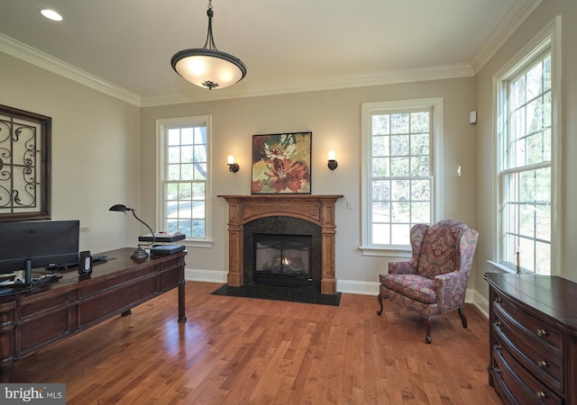 office space featuring ornamental molding, a fireplace, baseboards, and wood finished floors