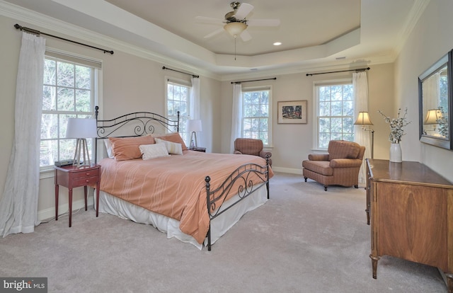 bedroom featuring a raised ceiling, multiple windows, crown molding, and light carpet