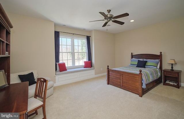 bedroom with recessed lighting, baseboards, carpet floors, and ceiling fan