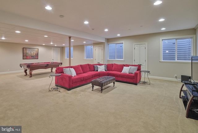 carpeted living room with billiards, recessed lighting, and baseboards