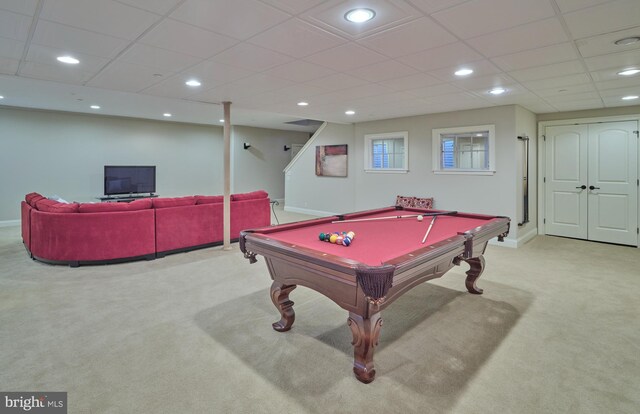 game room featuring recessed lighting, a drop ceiling, baseboards, and carpet