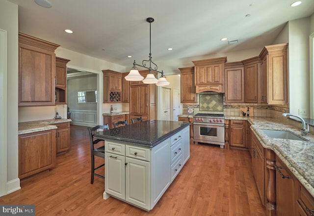 kitchen with a kitchen island, a breakfast bar, light wood-style flooring, designer stove, and a sink