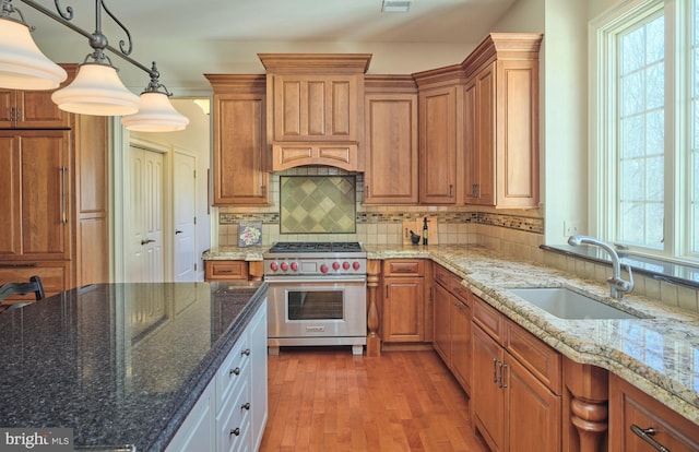 kitchen with light wood-style flooring, a sink, backsplash, premium stove, and light stone countertops