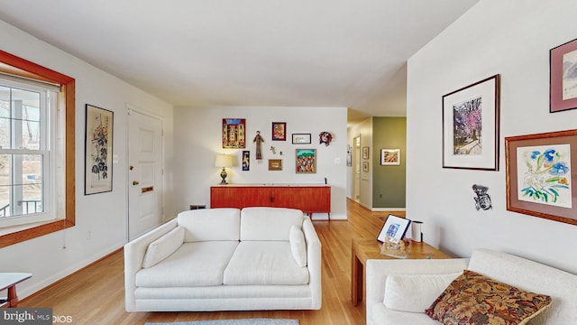 living area featuring baseboards and light wood-style floors