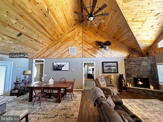 living area with visible vents, wood ceiling, wood finished floors, and a fireplace