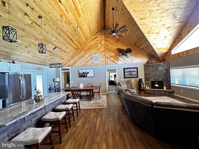 living room featuring dark wood-style floors, visible vents, high vaulted ceiling, a fireplace, and wood ceiling