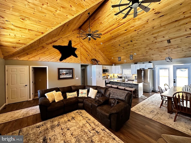 living area featuring wooden ceiling, high vaulted ceiling, dark wood-style flooring, and ceiling fan