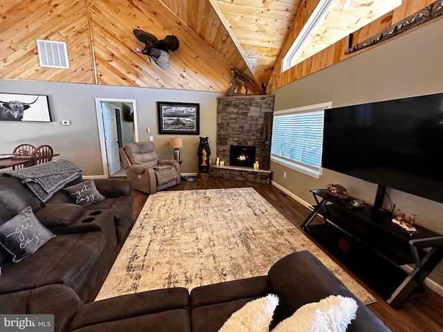 living room with visible vents, wood finished floors, wooden ceiling, a fireplace, and baseboards