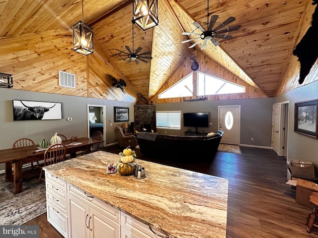 kitchen with a ceiling fan, visible vents, dark wood-type flooring, white cabinetry, and open floor plan