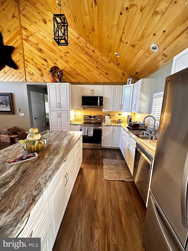 kitchen featuring dark wood-type flooring, a sink, white cabinetry, stainless steel appliances, and wood ceiling