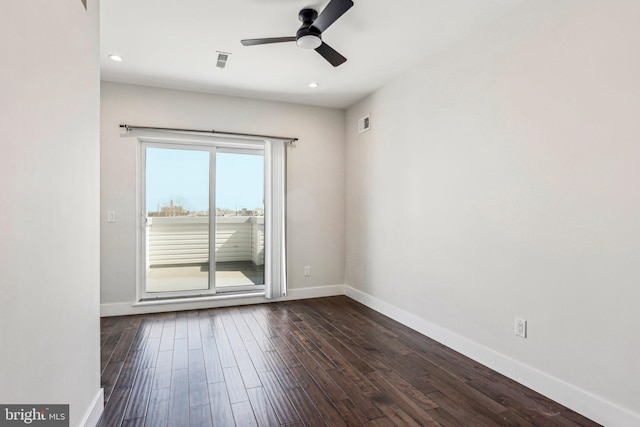 unfurnished room with visible vents, baseboards, ceiling fan, dark wood finished floors, and recessed lighting