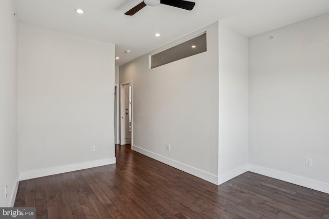 empty room with recessed lighting, a ceiling fan, baseboards, and wood-type flooring