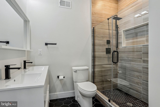 bathroom with a shower stall, toilet, and visible vents