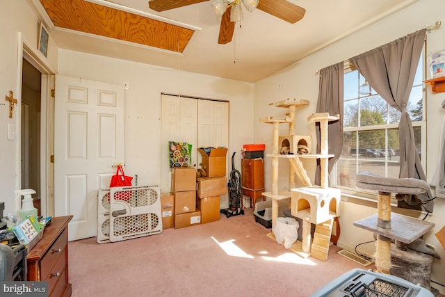 storage area featuring attic access and a ceiling fan