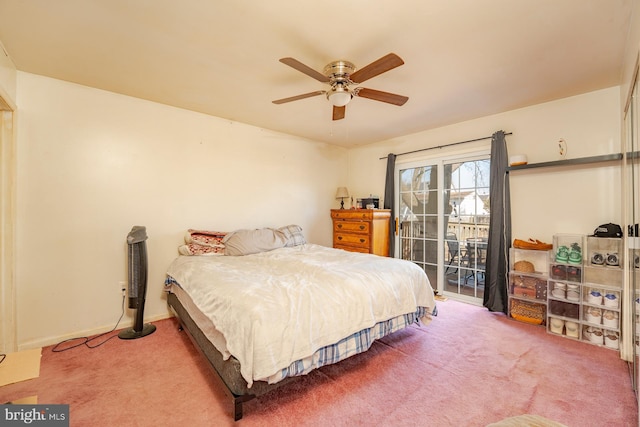 carpeted bedroom with baseboards, access to exterior, and a ceiling fan