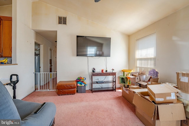 carpeted living area featuring visible vents and lofted ceiling