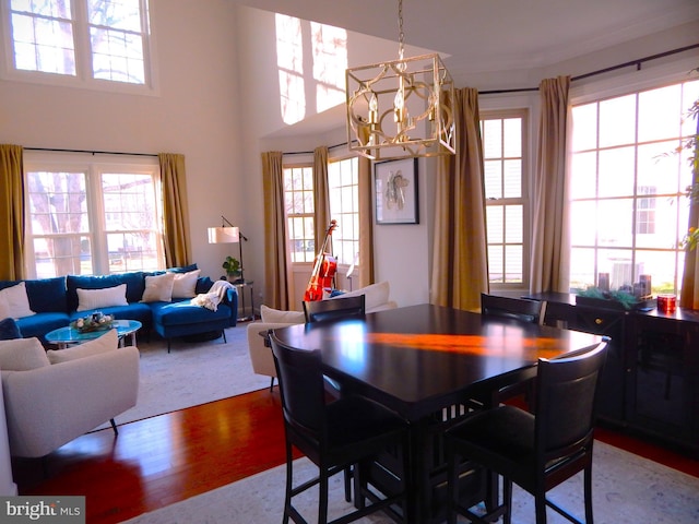 dining space with a high ceiling, a notable chandelier, a healthy amount of sunlight, and wood finished floors