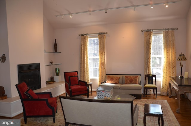 living room featuring a glass covered fireplace, wood finished floors, and baseboards