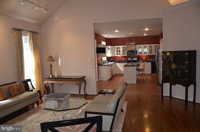 living area featuring light wood-style flooring, track lighting, recessed lighting, baseboards, and vaulted ceiling