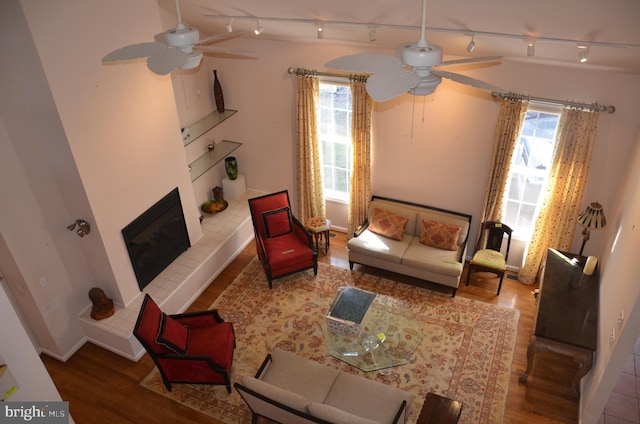 living area featuring track lighting, a tile fireplace, ceiling fan, and wood finished floors