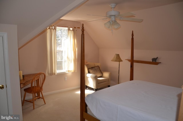 bedroom with baseboards, a ceiling fan, lofted ceiling, and carpet floors