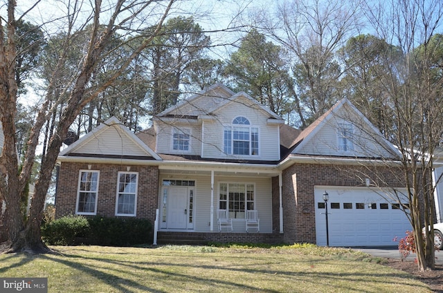 view of front of home featuring driveway, a front lawn, covered porch, a garage, and brick siding