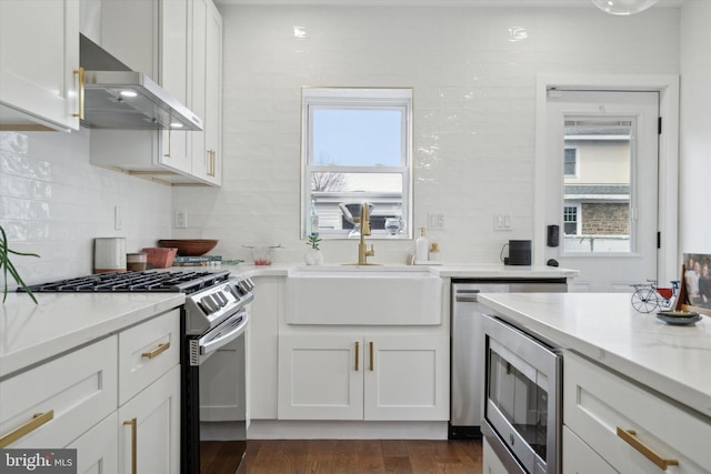 kitchen with a healthy amount of sunlight, appliances with stainless steel finishes, wall chimney exhaust hood, and a sink