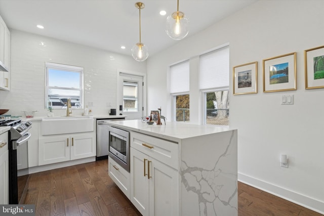 kitchen with white cabinetry, dark wood-style flooring, appliances with stainless steel finishes, and a sink