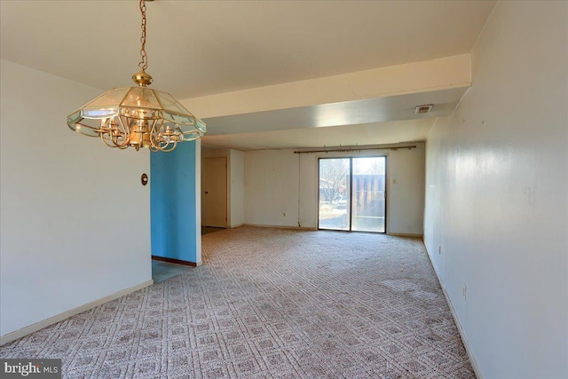 unfurnished room featuring visible vents, a notable chandelier, light colored carpet, and baseboards