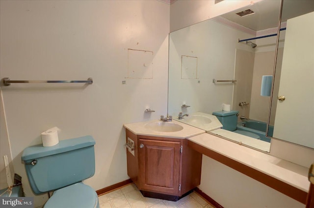 full bath with vanity, visible vents, shower / bath combination, tile patterned floors, and toilet