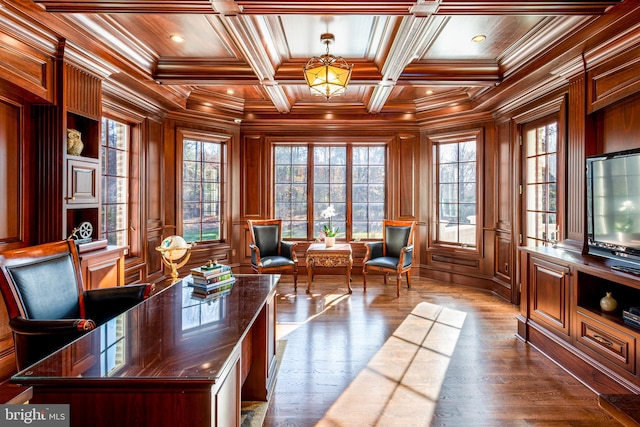 office space with wooden ceiling, a wealth of natural light, wood walls, and coffered ceiling