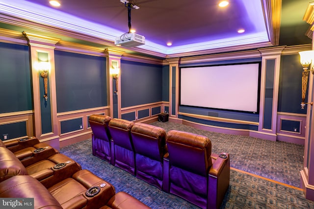 home theater featuring recessed lighting, a decorative wall, ornamental molding, and decorative columns