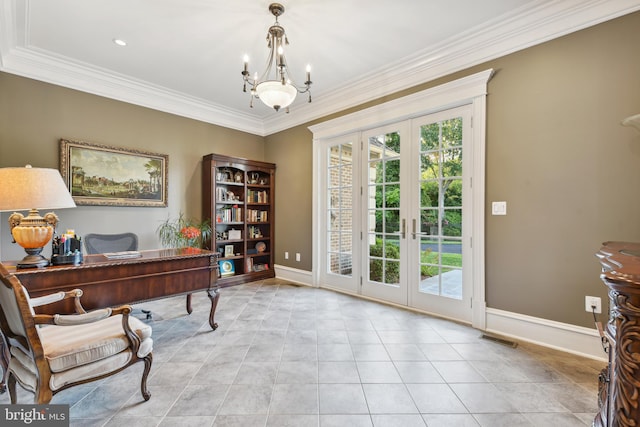 office featuring visible vents, a notable chandelier, ornamental molding, and french doors