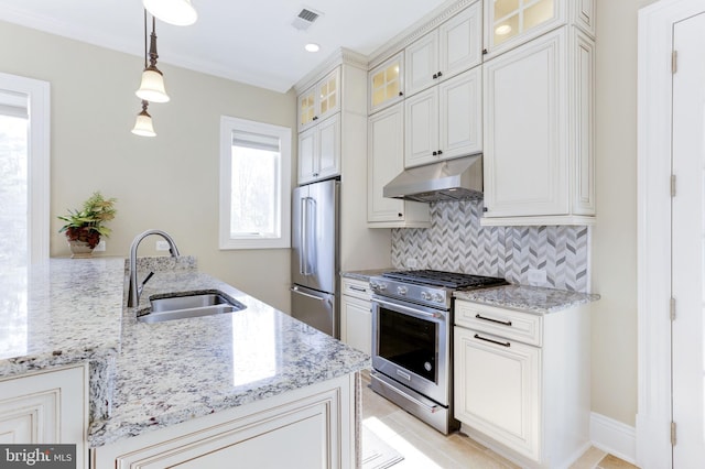 kitchen with high end appliances, visible vents, a sink, under cabinet range hood, and tasteful backsplash