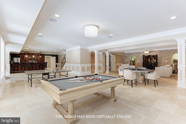 game room with recessed lighting, crown molding, billiards, and decorative columns