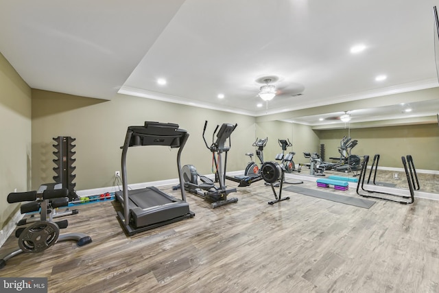 exercise room with baseboards, a raised ceiling, ceiling fan, and wood finished floors