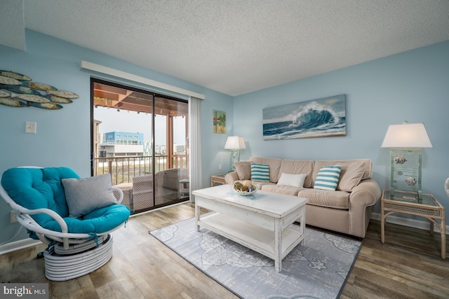 living room with wood finished floors, baseboards, and a textured ceiling