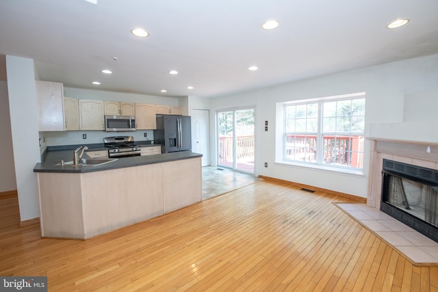 kitchen with light wood-style flooring, a tile fireplace, stainless steel appliances, and a sink