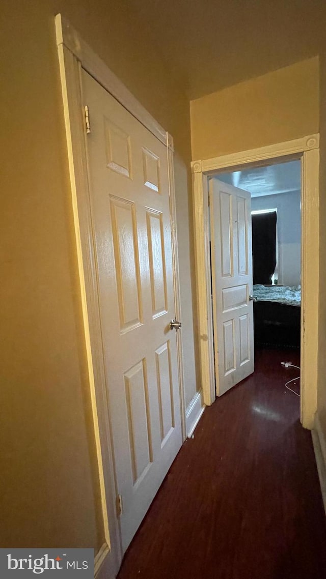 corridor featuring dark wood-style flooring