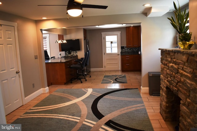 home office featuring wood finish floors, recessed lighting, ceiling fan, and baseboards